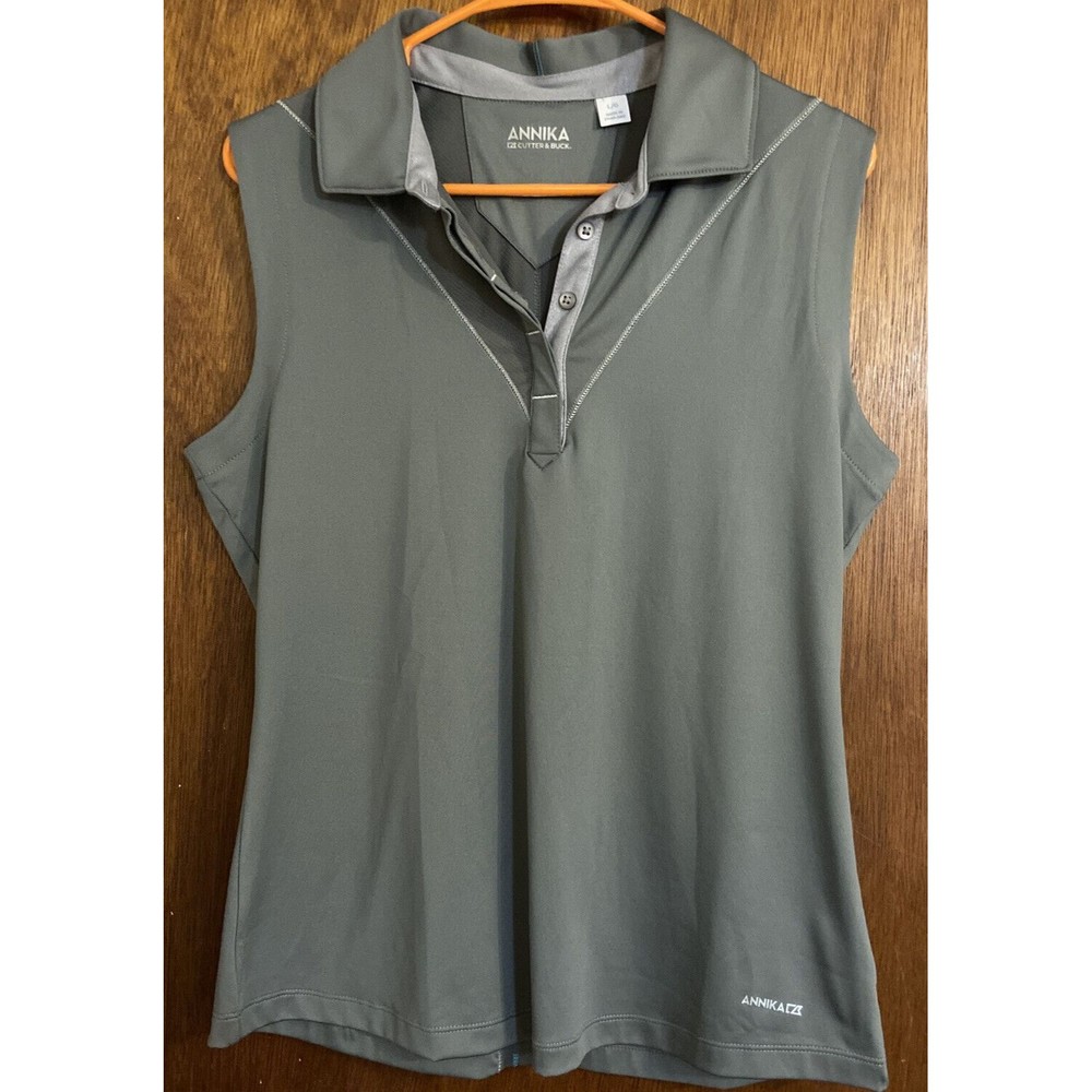 Annika Cutter & Buck Womens Golf Polo Top Sz LG  Gray Sleeveless Sports Shirt